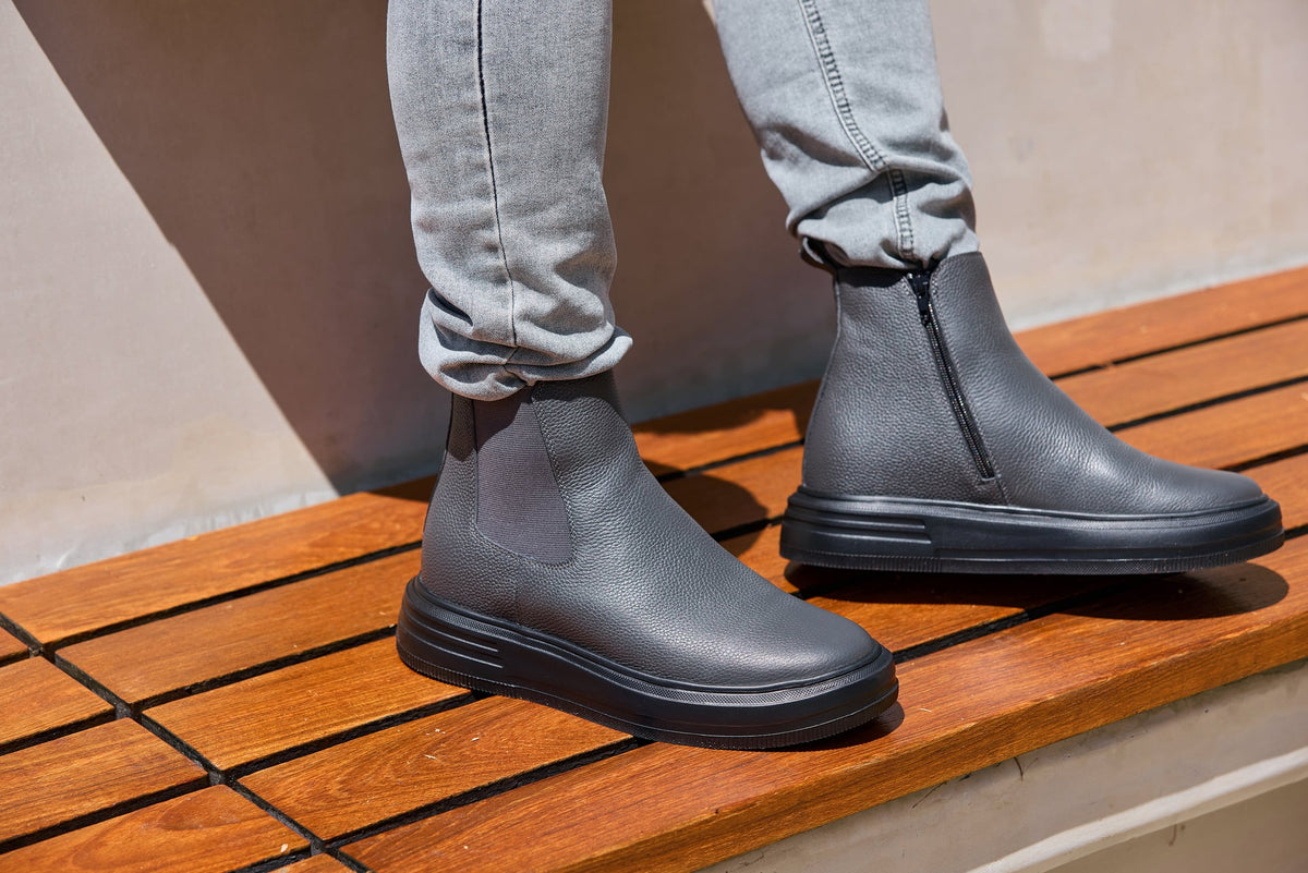 CALTO - J24811 - 3 Inches Taller (Grey Slate) - Lightweight Pebble Nappa Chelsea Zipper Boots