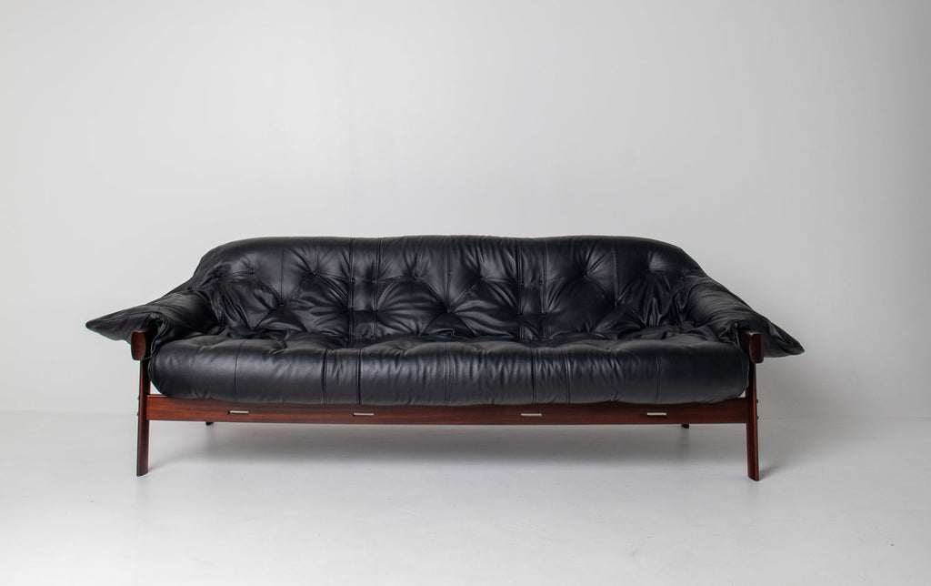 Brazilian Modern MP-41 Sofa in New Black leather and Brazilian Hardwood by Percival Lafer