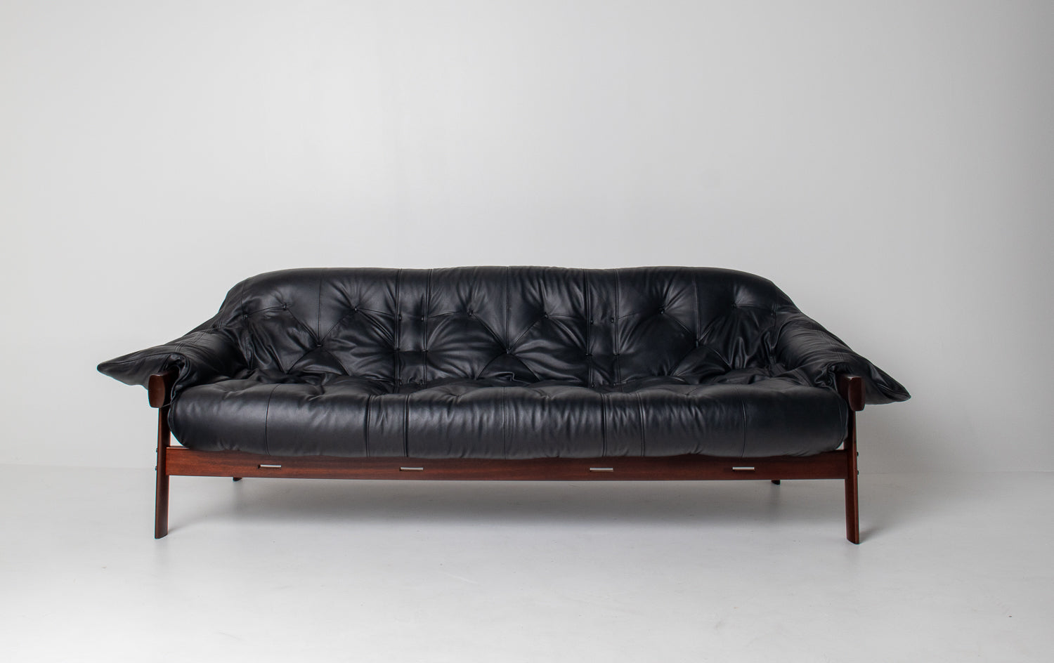 Brazilian Modern MP-41 Sofa in New Black leather and Brazilian Hardwood by Percival Lafer