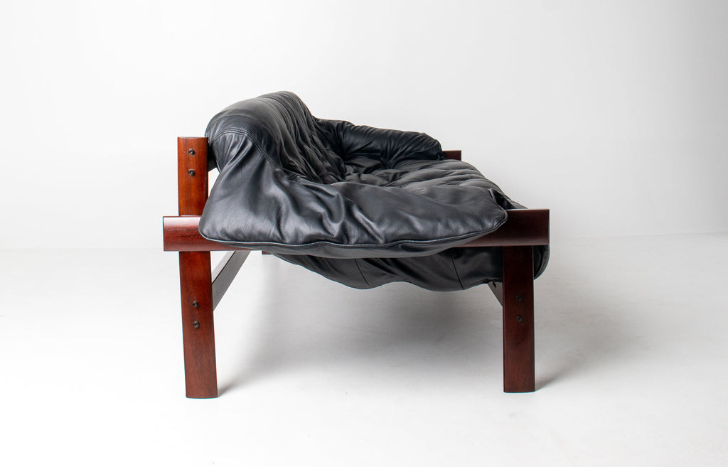 Brazilian Modern MP-41 Sofa in New Black leather and Brazilian Hardwood by Percival Lafer