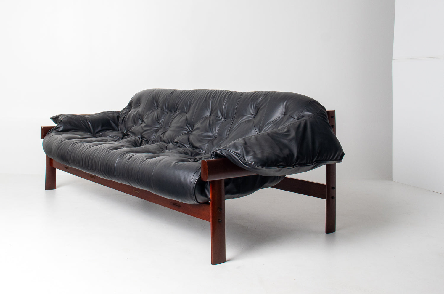 Brazilian Modern MP-41 Sofa in New Black leather and Brazilian Hardwood by Percival Lafer