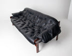 Brazilian Modern MP-41 Sofa in New Black leather and Brazilian Hardwood by Percival Lafer