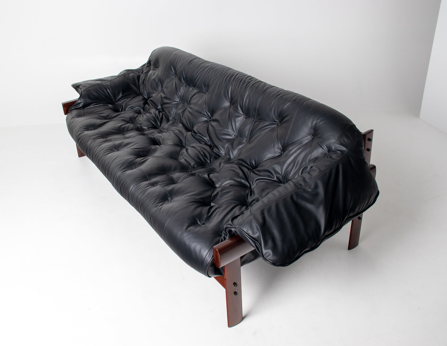 Brazilian Modern MP-41 Sofa in New Black leather and Brazilian Hardwood by Percival Lafer