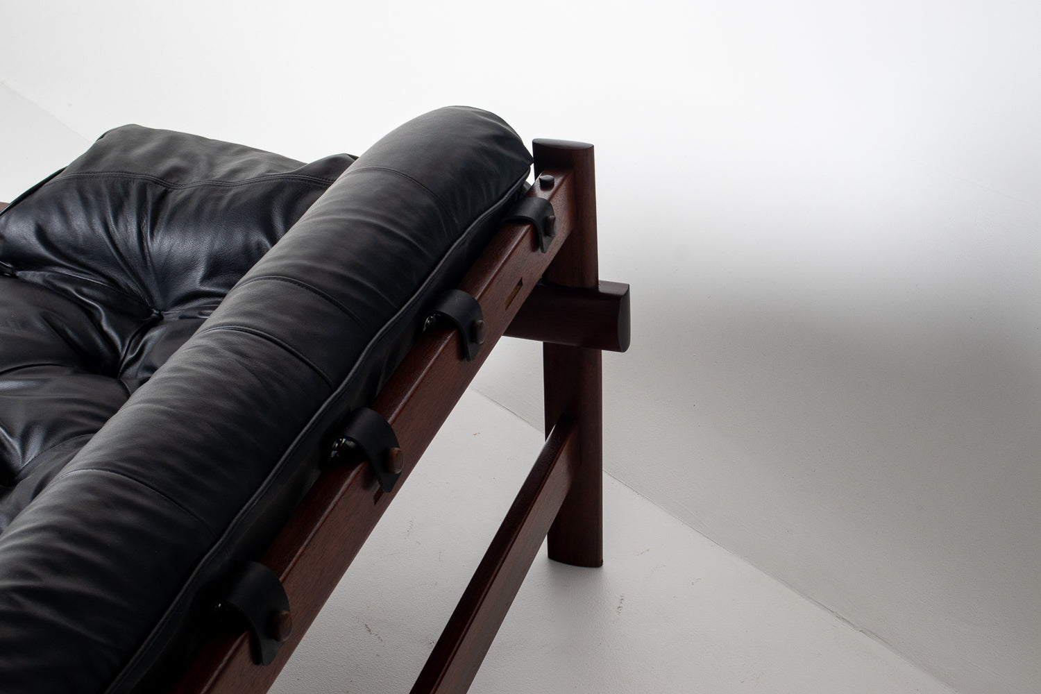 Brazilian Modern MP-41 Sofa in New Black leather and Brazilian Hardwood by Percival Lafer