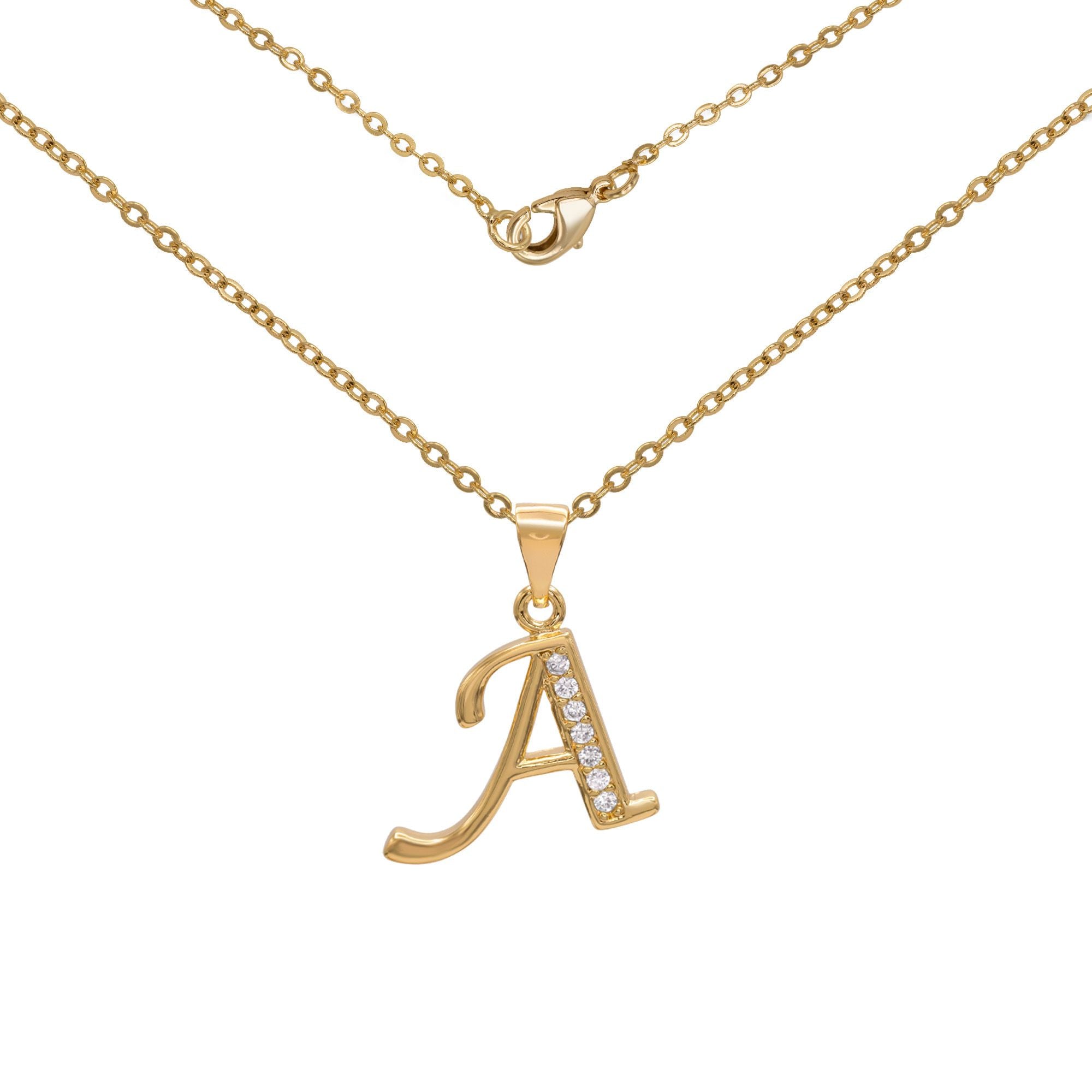 Initial Letter Pendant With Cubic Zirconia 18K Gold Filled Alphabet CZ Charm Rolo Chain Set 18" Necklace Women Girl Teen