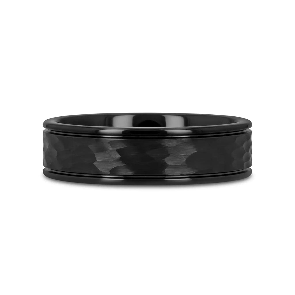 JOINER Hammered Finish Center Black Tungsten Carbide Wedding Band with Dual Offset Grooves and Polished Edges - 6mm or 8mm