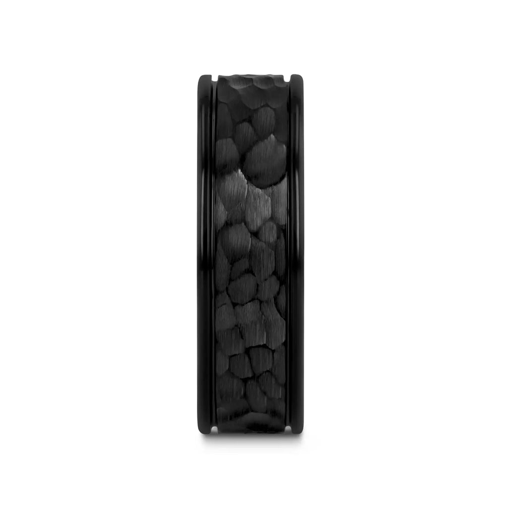 JOINER Hammered Finish Center Black Tungsten Carbide Wedding Band with Dual Offset Grooves and Polished Edges - 6mm or 8mm