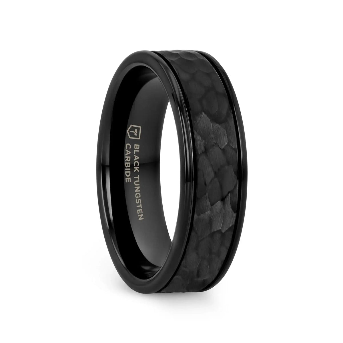 JOINER Hammered Finish Center Black Tungsten Carbide Wedding Band with Dual Offset Grooves and Polished Edges - 6mm or 8mm