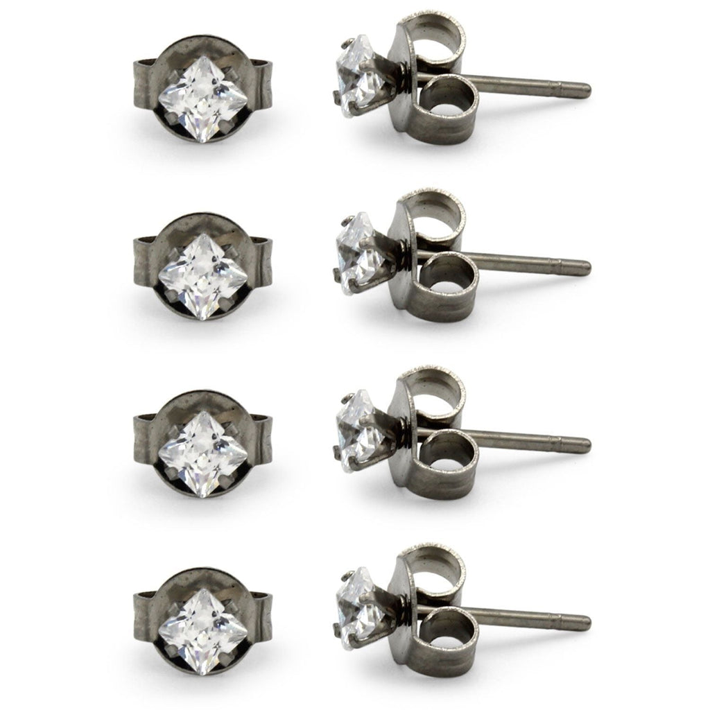 Cubic Zirconia Square Silver Stud Earrings Set Of 4 Stainless Steel Jewelry Men Women