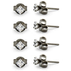 Cubic Zirconia Square Silver Stud Earrings Set Of 4 Stainless Steel Jewelry Men Women