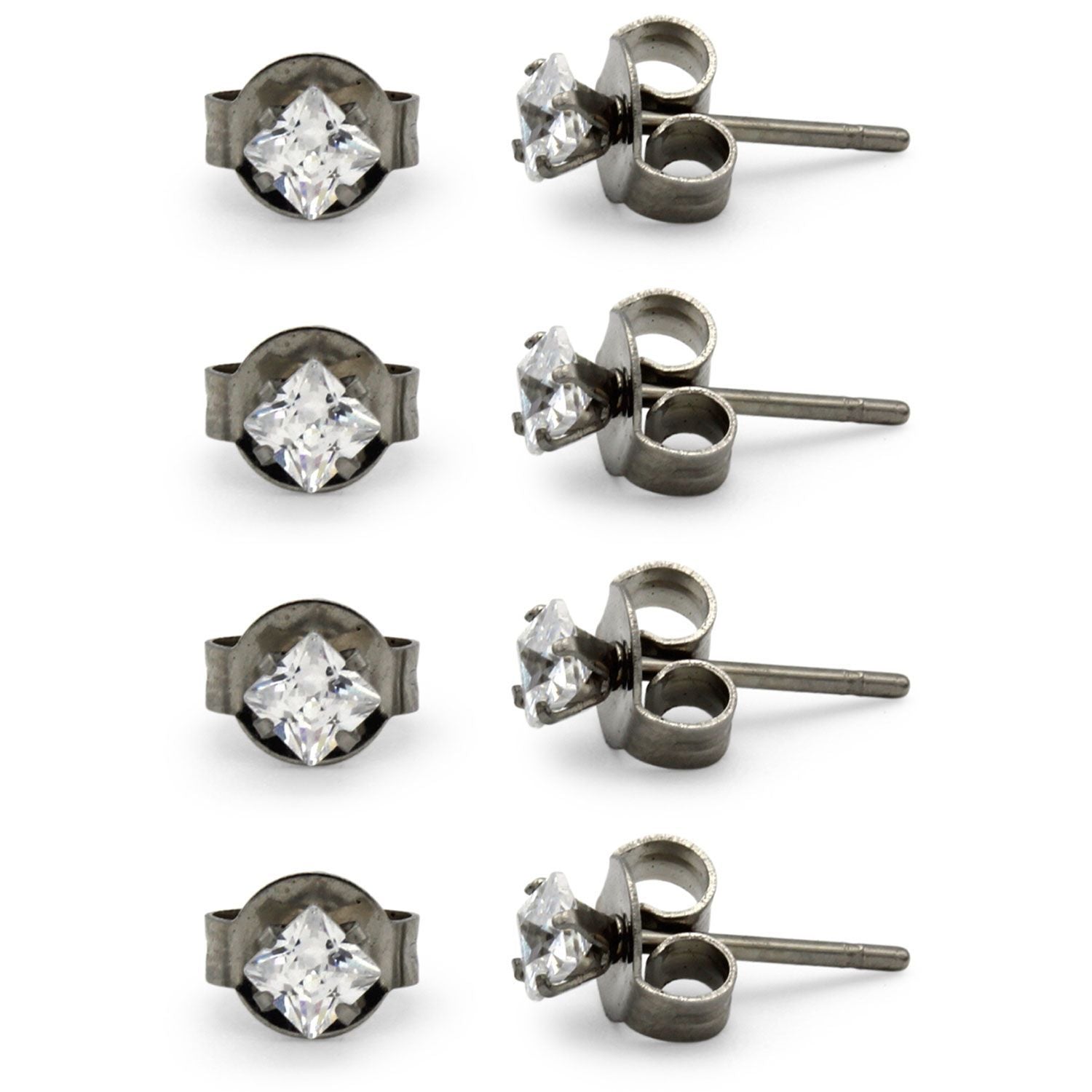 Cubic Zirconia Square Silver Stud Earrings Set Of 4 Stainless Steel Jewelry Men Women