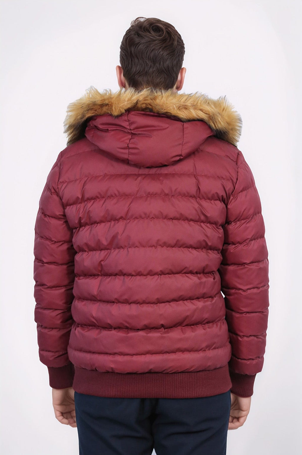 Fur Hooded Burgundy Men Down Coat - Wessi