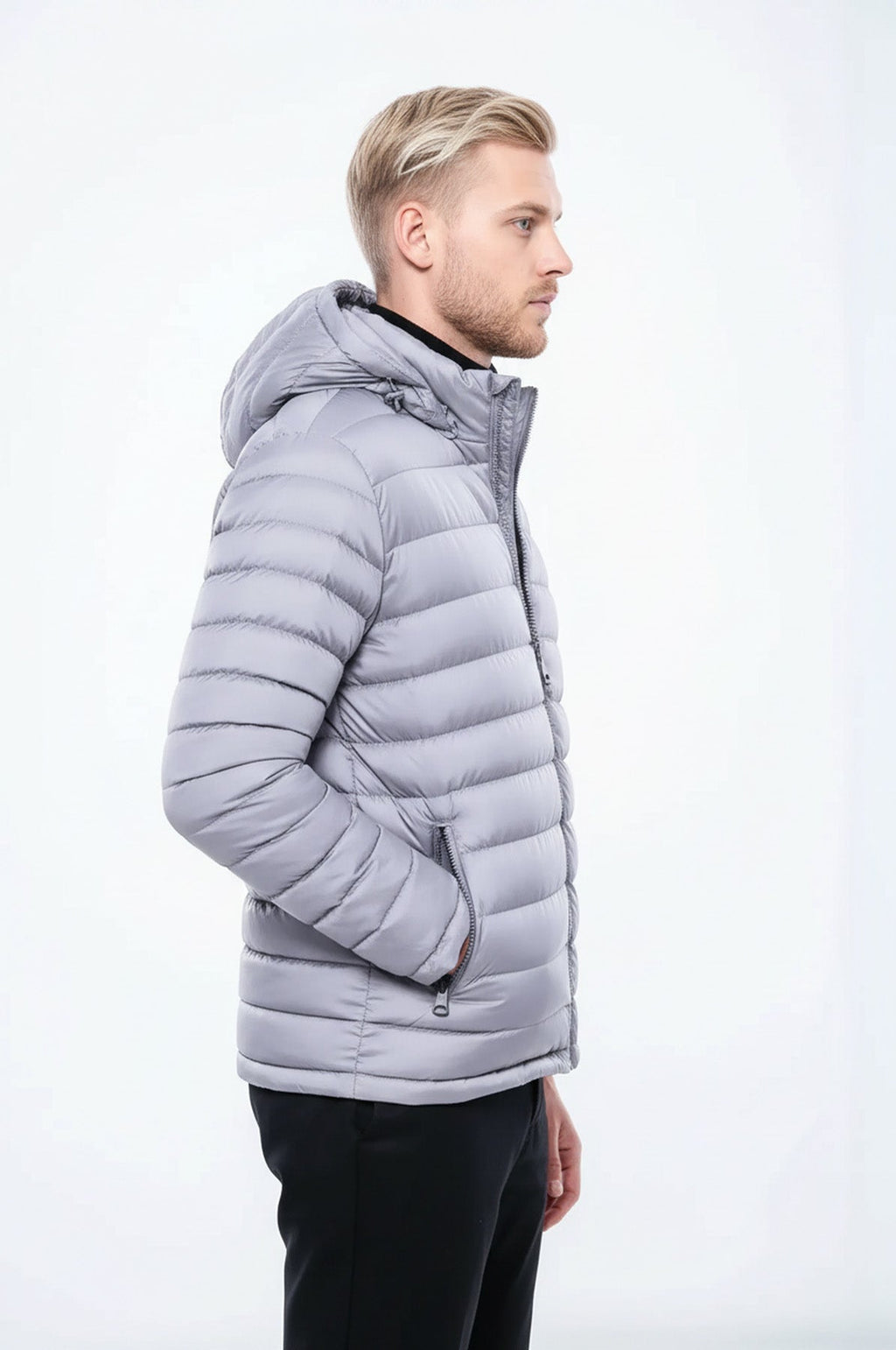 Hooded Quilted Grey Men Coat - Wessi