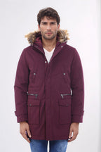 Fur Hooded Burgundy Men Coat - Wessi