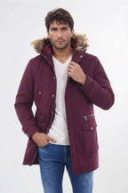 Fur Hooded Burgundy Men Coat - Wessi