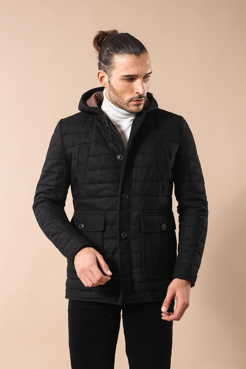 Bag Pocket Felt Hooded 4 Pocket Black Coat-Wessi