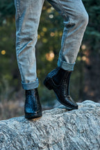 CALTO - K30521 - 3.3 Inches Taller (Black) - Woven Slip-On High-Top Chelsea Ankle Boots
