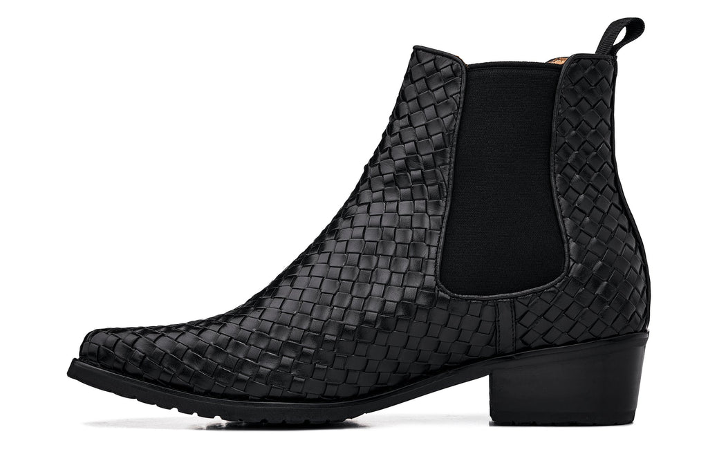 CALTO - K30521 - 3.3 Inches Taller (Black) - Woven Slip-On High-Top Chelsea Ankle Boots