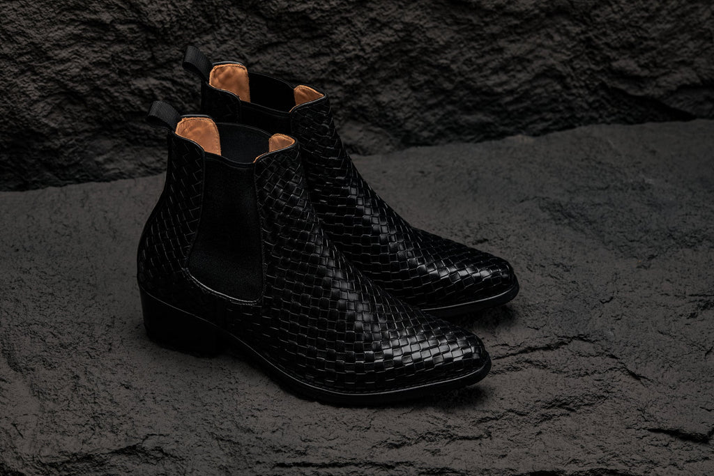 CALTO - K30521 - 3.3 Inches Taller (Black) - Woven Slip-On High-Top Chelsea Ankle Boots