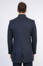 Standing Collar Checked Navy Blue Men Coat - Wessi