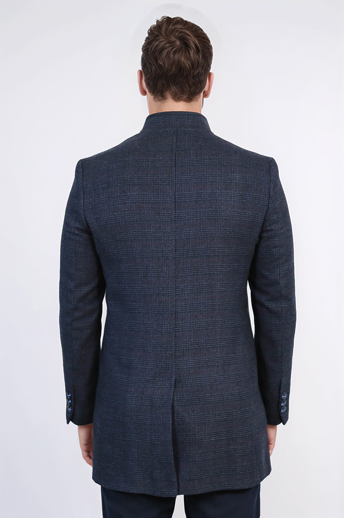 Standing Collar Checked Navy Blue Men Coat - Wessi