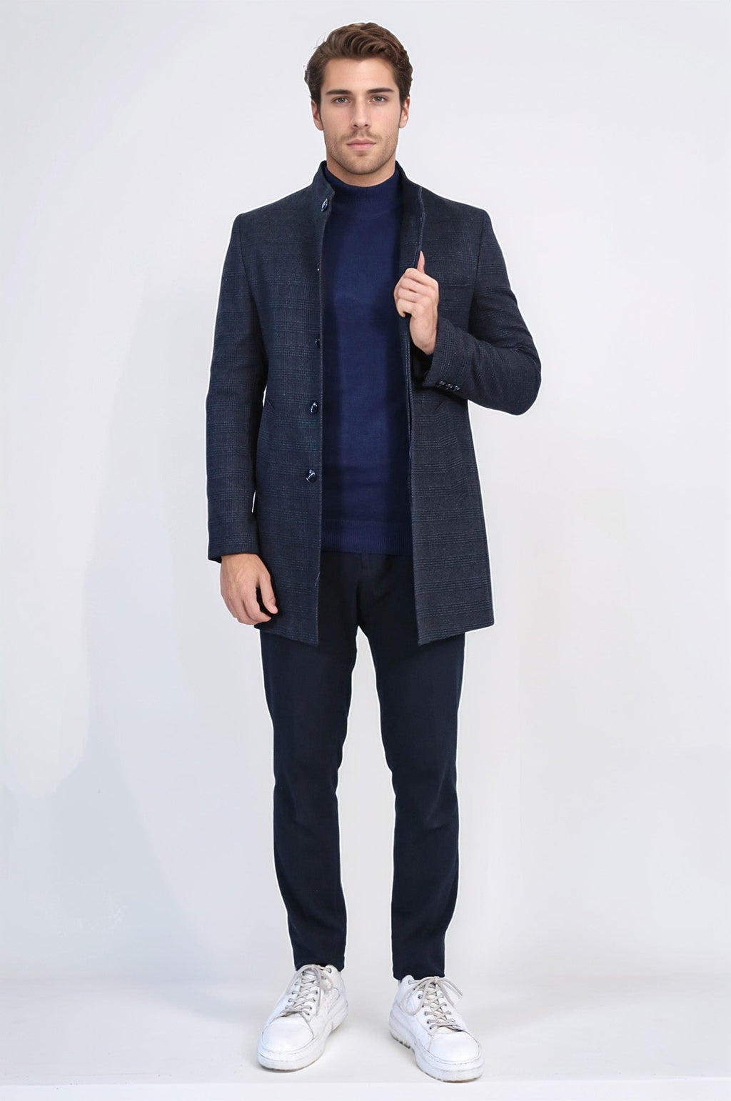 Standing Collar Checked Navy Blue Men Coat - Wessi