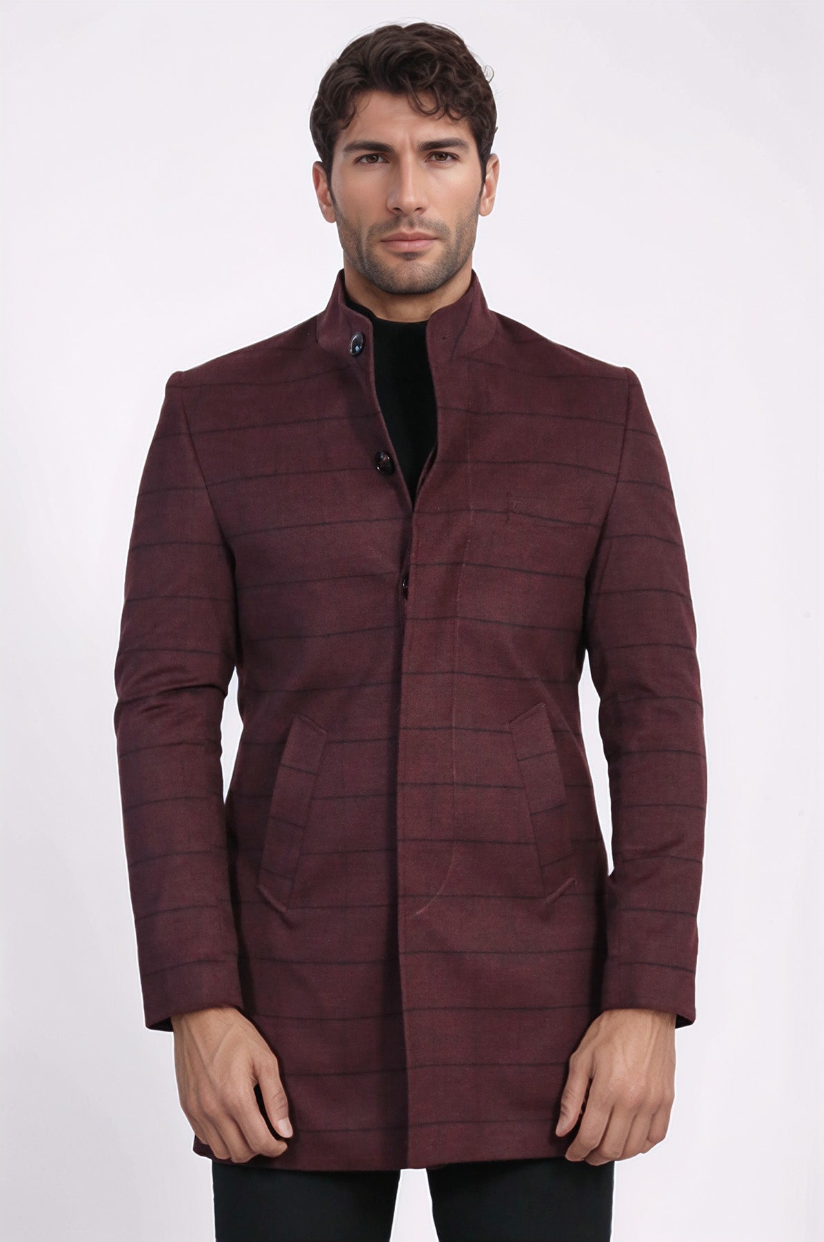 Mandarin Collar Burgundy Checked Coat - Wessi