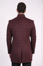 Mandarin Collar Burgundy Checked Coat - Wessi