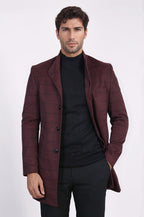 Mandarin Collar Burgundy Checked Coat - Wessi