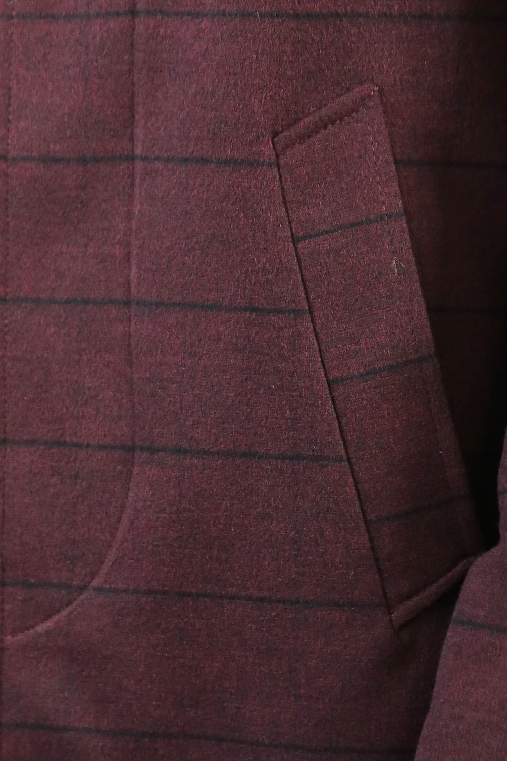 Mandarin Collar Burgundy Checked Coat - Wessi