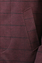 Mandarin Collar Burgundy Checked Coat - Wessi