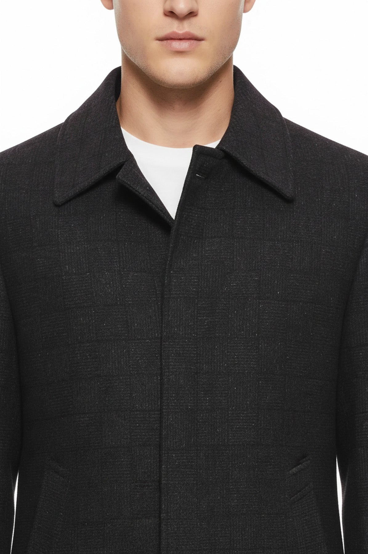 Burgundy Checked Hidden Button Peak Lapel Coat - Wessi