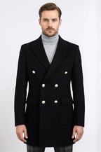Metal Buttoned Double Breasted Black Men Long Coat - Wessi