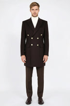 Brown Metal Buttoned Double Breasted Long Coat - Wessi