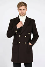 Brown Metal Buttoned Double Breasted Long Coat - Wessi