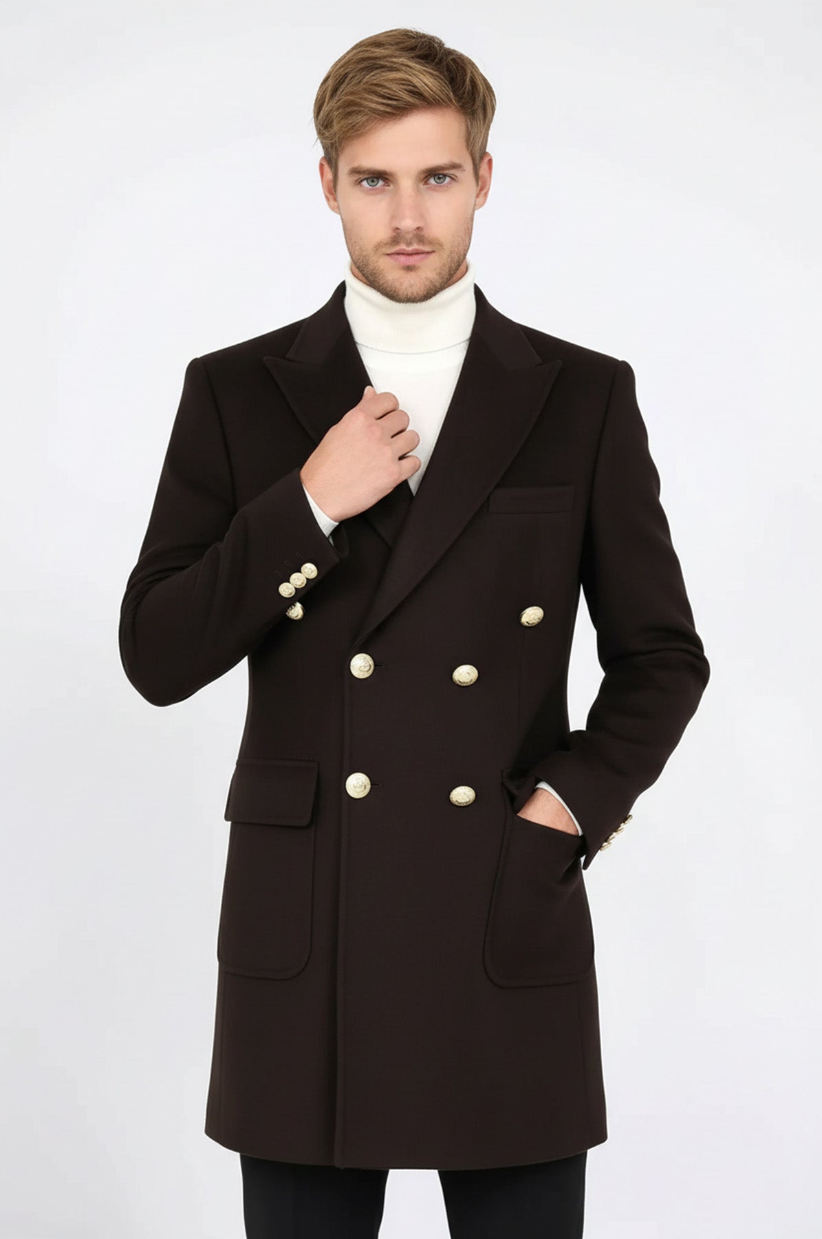 Brown Metal Buttoned Double Breasted Long Coat - Wessi