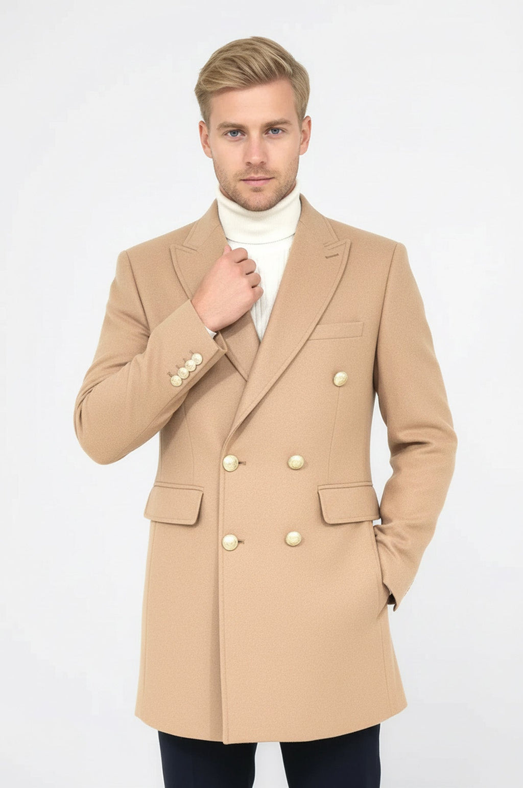 Metal Buttoned Double Breasted Cream Men Coat - Wessi