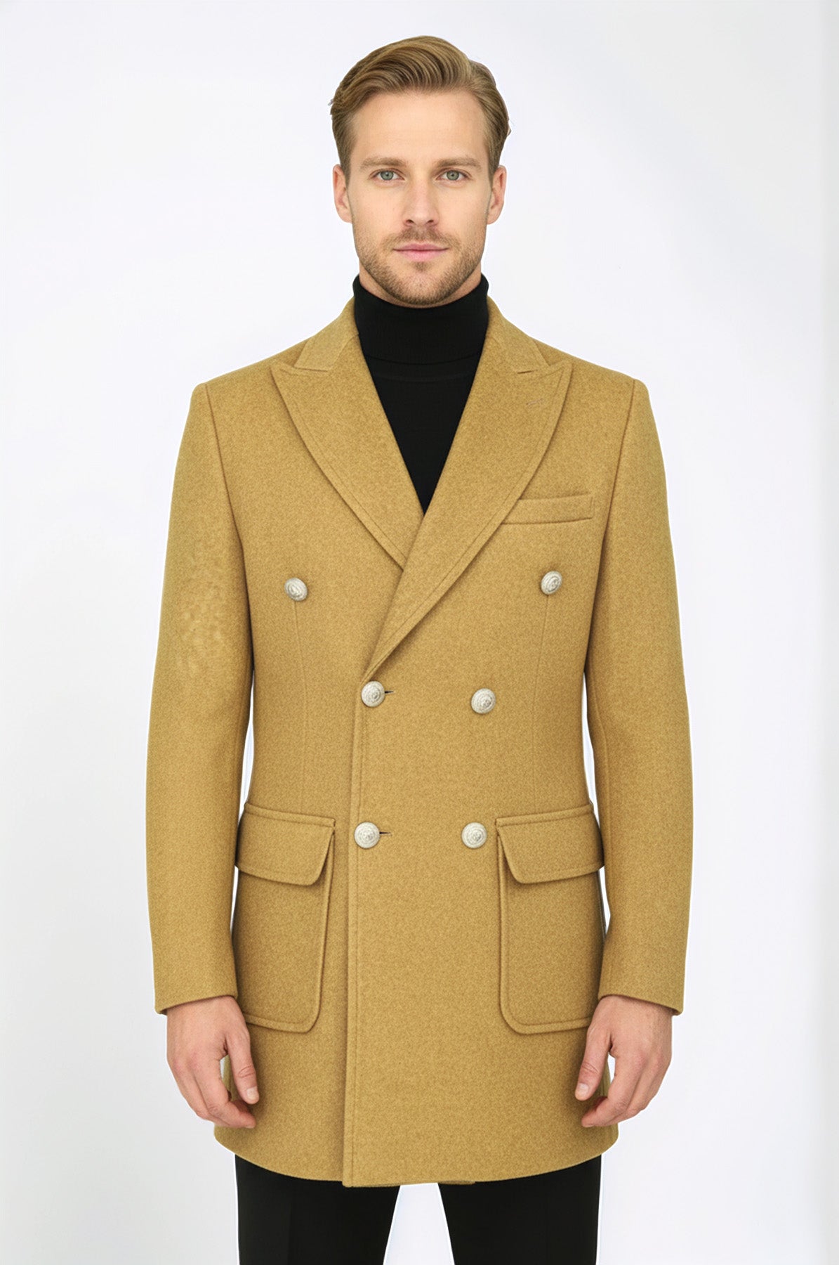 Metal Buttons Wool Cashmere Tan Men Double Breasted Coat - Wessi