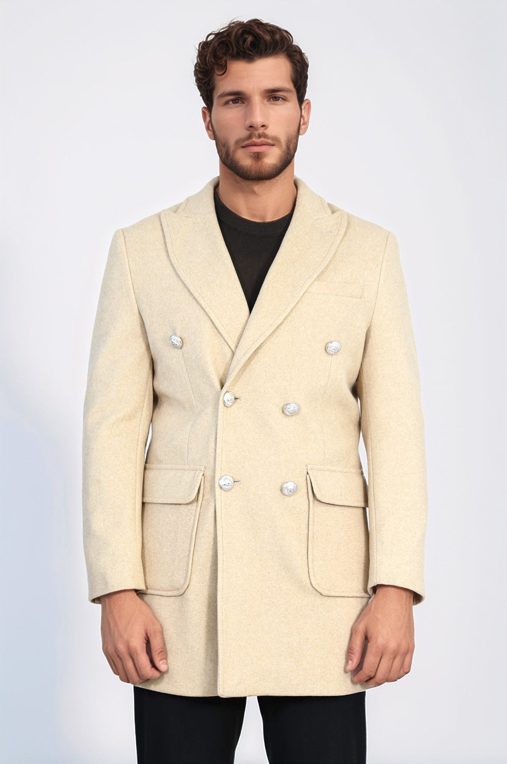 Metal Buttons Wool Cashmere Beige Men Double Breasted Coat - Wessi