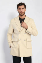 Metal Buttons Wool Cashmere Beige Men Double Breasted Coat - Wessi