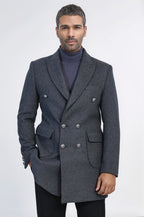 Dark Grey Metal Buttoned Double Breasted Long Coat - Wessi