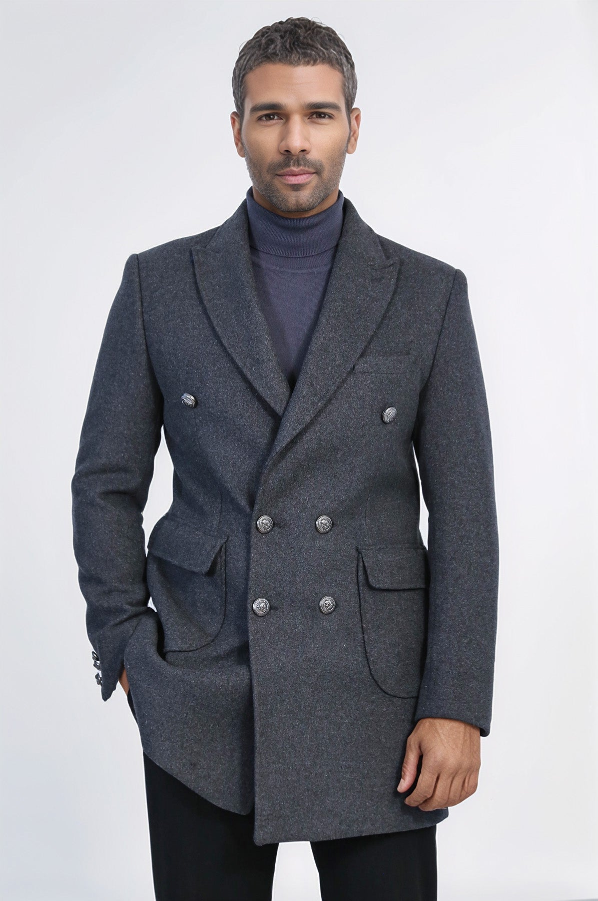 Dark Grey Metal Buttoned Double Breasted Long Coat - Wessi