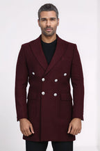 Metal Buttoned Double Breasted Burgundy Men Long Coat - Wessi