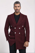 Metal Buttoned Double Breasted Burgundy Men Long Coat - Wessi