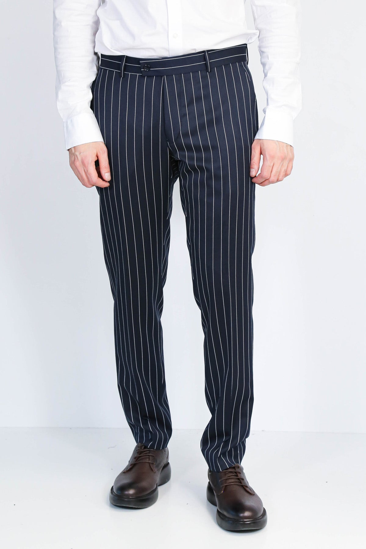 Navy White Pinstripe Slim Fit Dress Trousers – Wessi