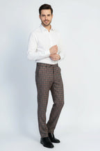 Navy  Burgundy Checkered Fabric Trousers – Wessi