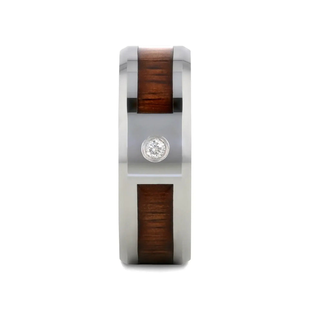KAHUNA Tungsten Carbide Beveled Edged Diamond Wedding Band with Koa Wood Inlay & Polished Edges - 8mm
