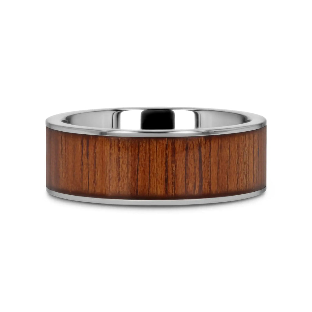 KALANI Flat Tungsten Carbide Wedding Band with Rare Koa Wood Inlay and Polished Edges - 6mm - 10mm