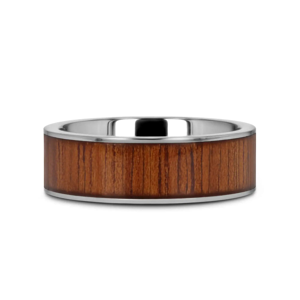 KALANI Flat Tungsten Carbide Wedding Band with Rare Koa Wood Inlay and Polished Edges - 6mm - 10mm