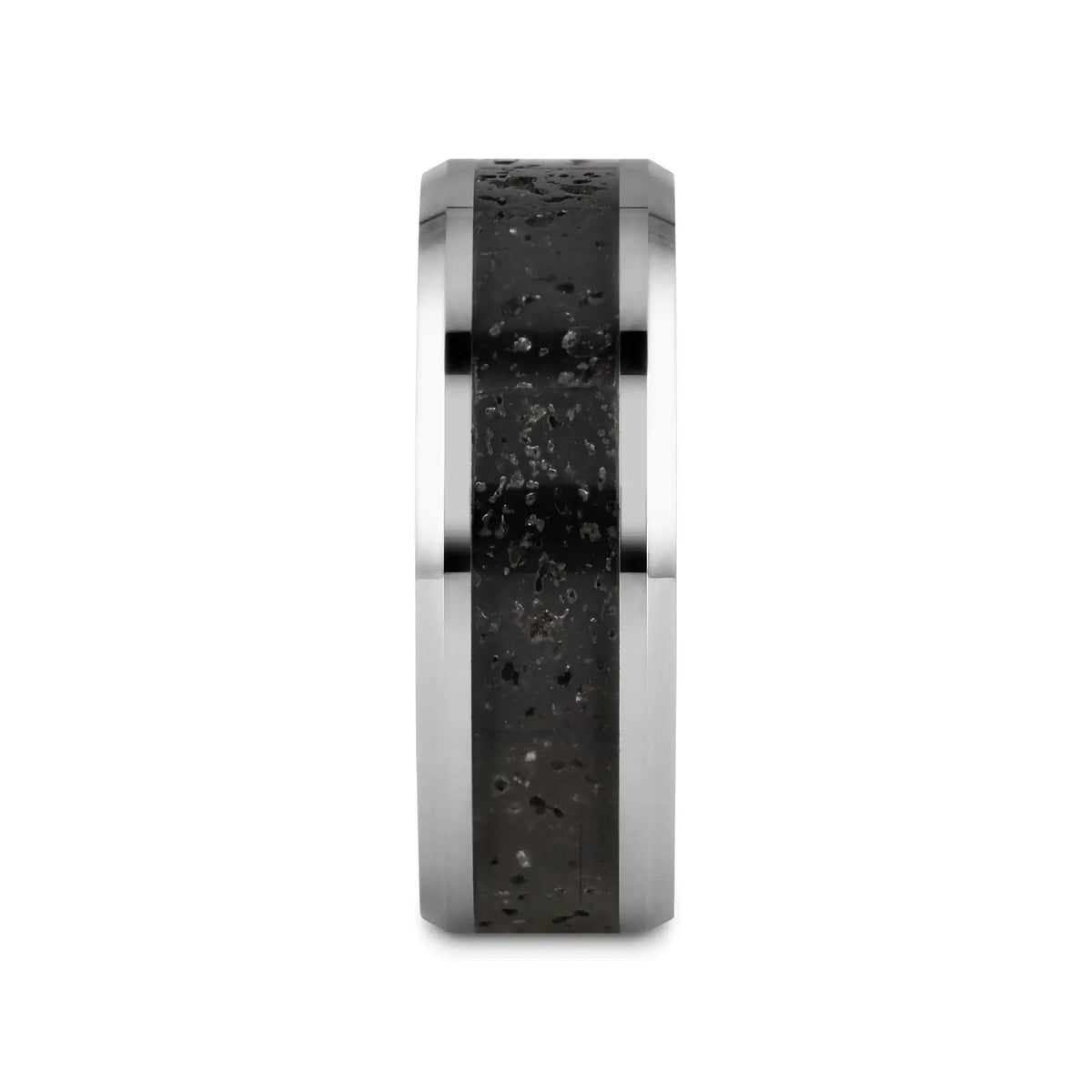 KILAUEA Men’s Polished Tungsten Wedding Band with Black & Gray Lava Rock Stone Inlay & Polished Beveled Edges - 8mm